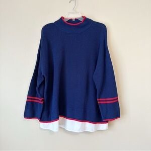 Talbots Mock Neck Mixed Media Navy Red White Sweater NWT - 3X